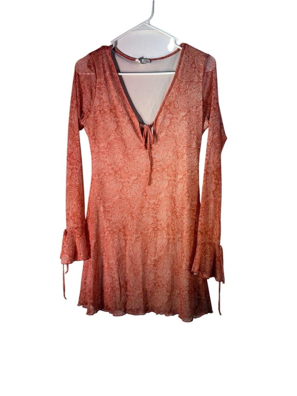 See You Monday Rust Paisley Long Sleeve V-Neck Tie Dress